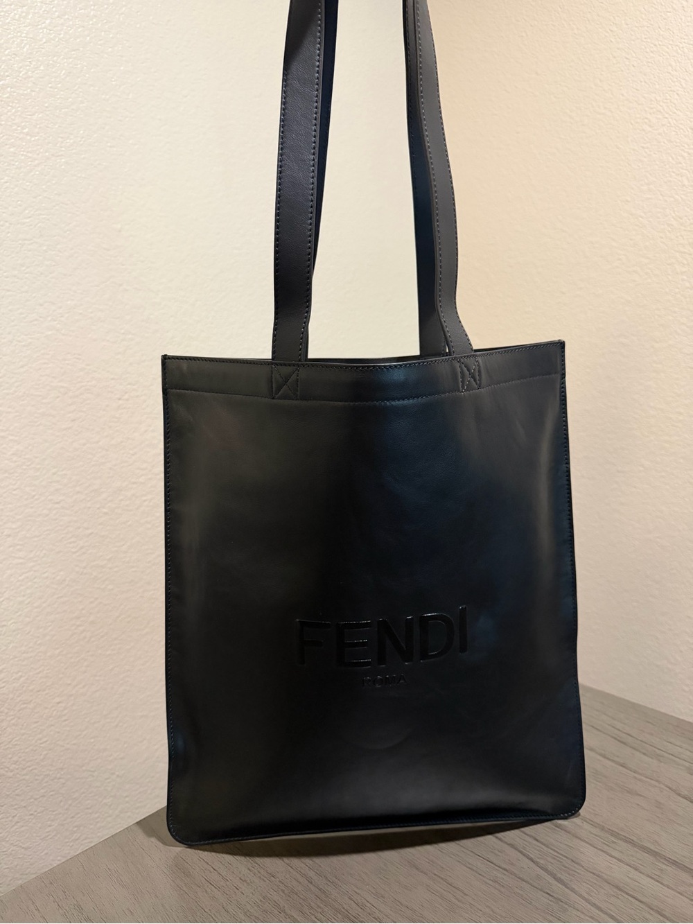 Fendi Black Leather Messenger Tote with Embossed Logo